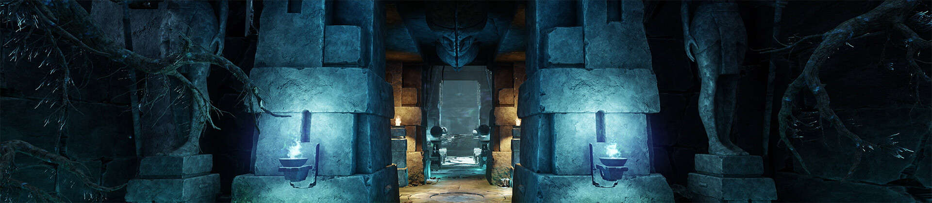 Una captura de pantalla de un largo pasillo en el que no hay jugadores ni enemigos a la vista. El pasillo está hecho con piedra ancestral tallada e iluminado con focos alternos de luz fría y cálida. Árboles retorcidos flanquean el pasillo.