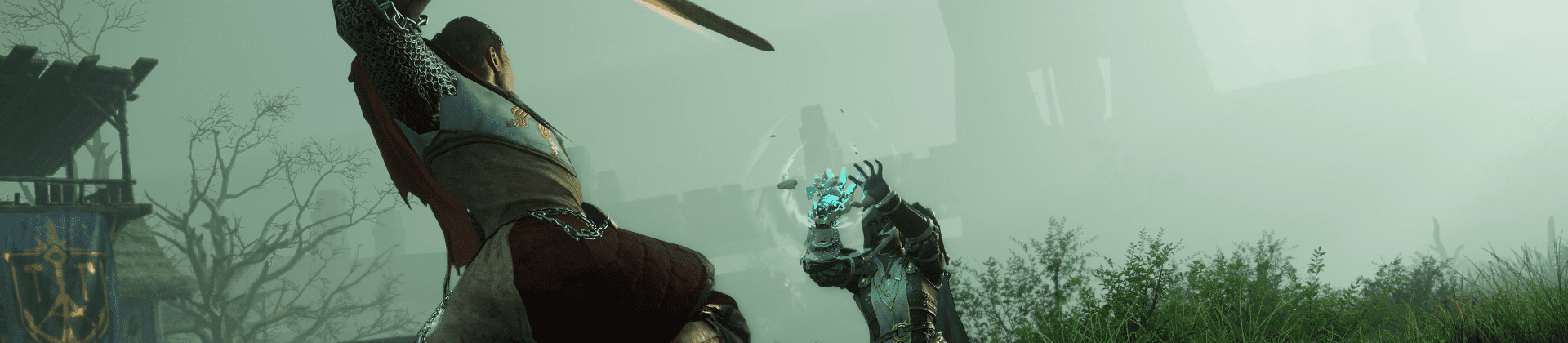 Una captura de pantalla de New World donde aparecen dos personajes retándose en duelo. El personaje de espaldas a la cámara porta una espada mientras que el otro personaje lleva la nueva manopla de hielo, con la que está lanzando un hechizo.