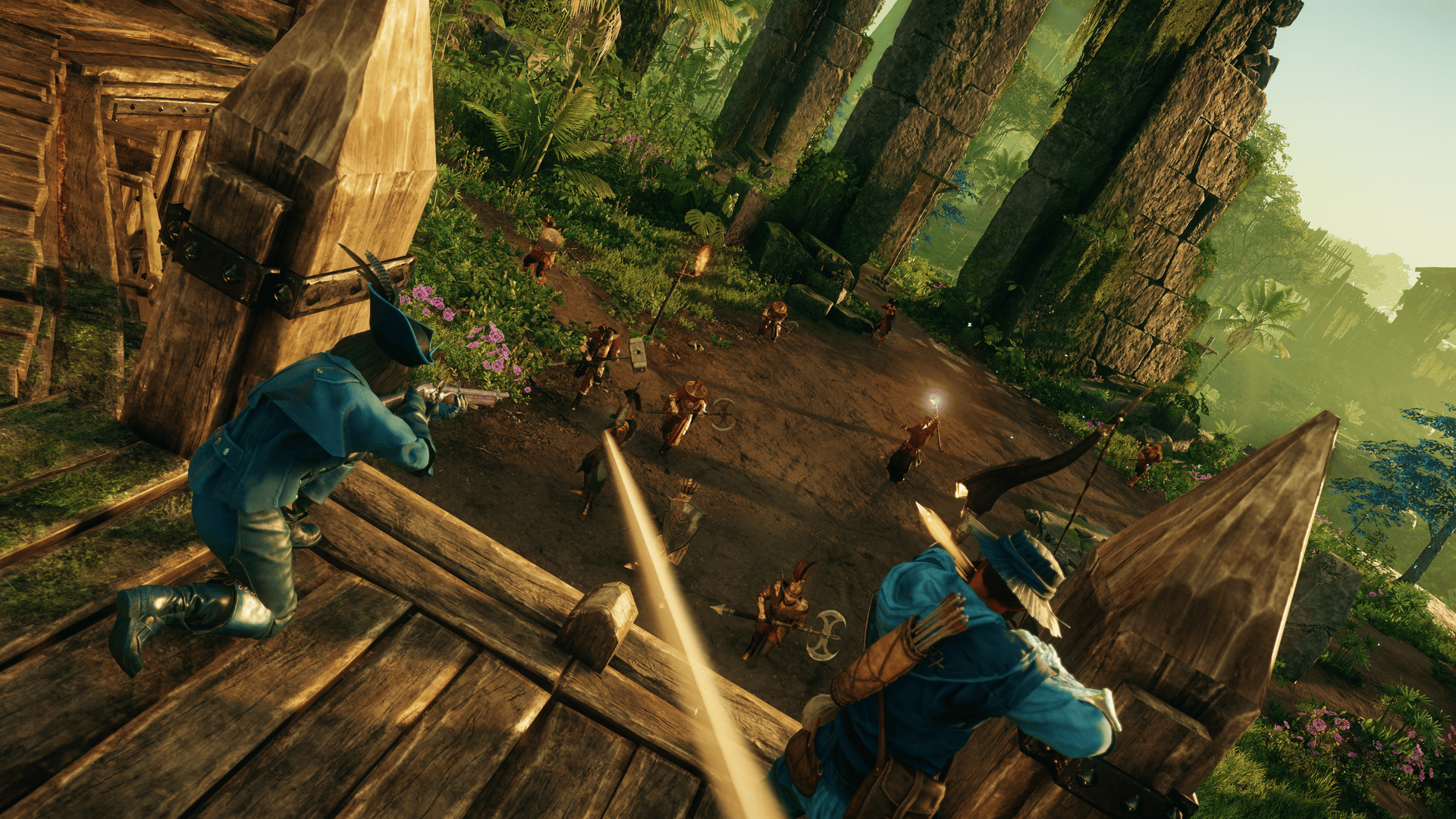 Aventureros con un arco y un mosquete defendiendo su puesto de los agresores.