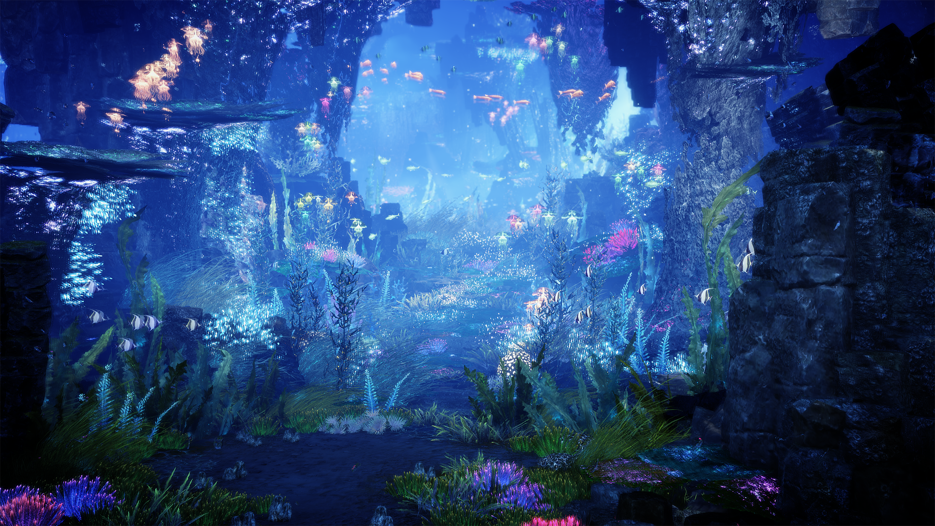 A fantastical underwater scene at Indigo Island: a grotto surrounded by glowing coral and colorful fish.